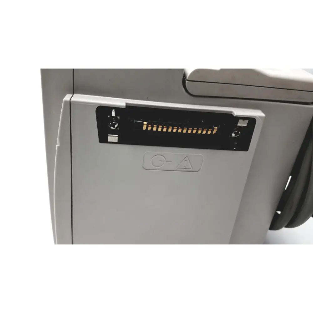 Gray printer showing black connector slot and warning symbol beside 60 count medical isolation gown level 2 00001-LIN product