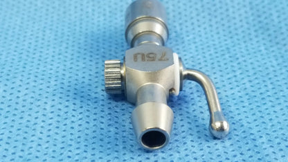 Stainless steel 75u universal stopcock with knurled adjustment knob and curved spout for fluid management