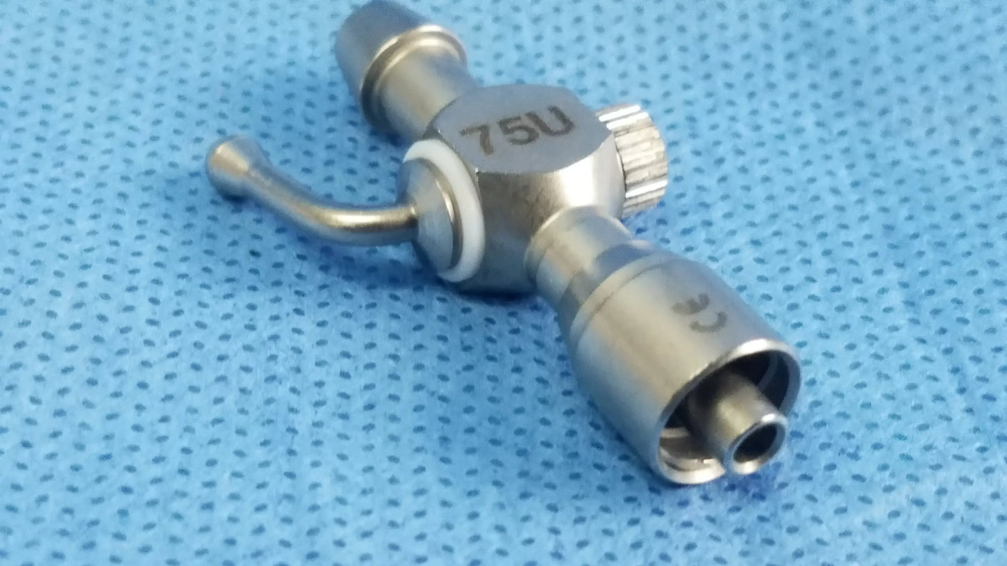Stainless steel 75u universal stopcock with knurled adjustment knob for fluid management in obgyn urology laparoscopy