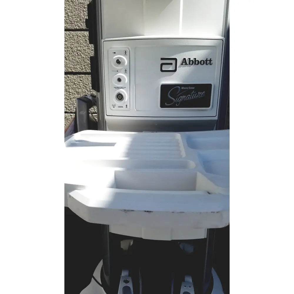White plastic abbott watersense signature outdoor trash can with molded compartments and control panel for abbott whitestar signature phacoemulsification system
