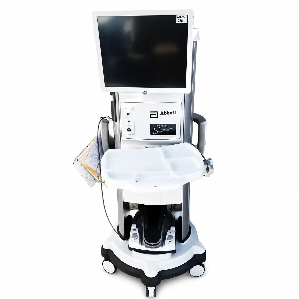 White and black mobile medical workstation with touchscreen labeled abbott for whitestar signature phacoemulsification use
