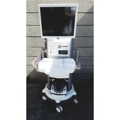 White and gray abbott whitestar signature phacoemulsification system with touchscreen on wheeled medical diagnostic cart