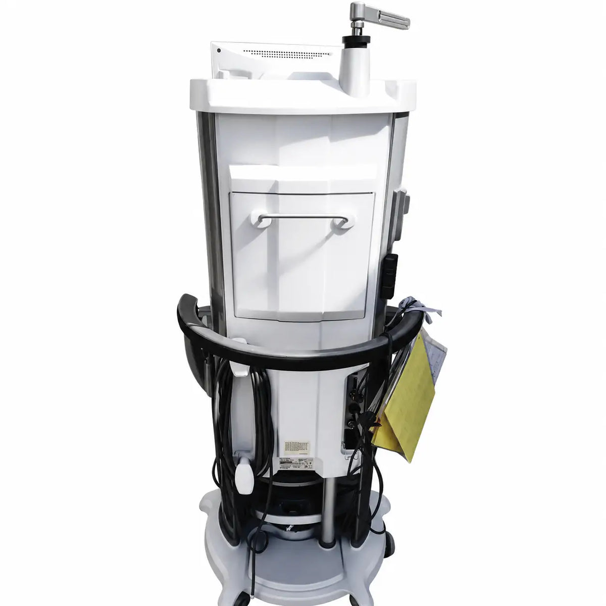White and gray medical treatment cart with built-in sink and cables for abbott whitestar signature phacoemulsification system