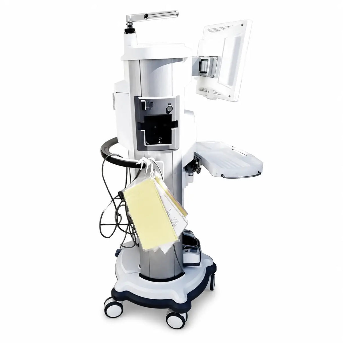 White and silver medical examination cart with mounted monitor and adjustable arm for whitestar signature phacoemulsification system