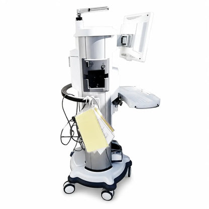 White and silver medical examination cart with mounted monitor and adjustable arm for whitestar signature phacoemulsification system