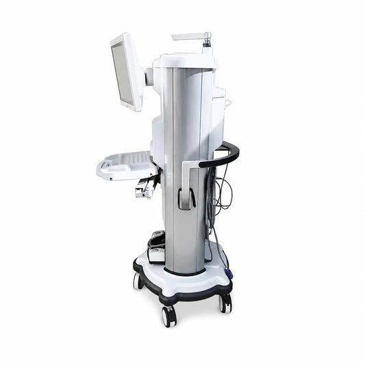 Silver and white medical-grade whitestar signature phacoemulsification system with touchscreen monitor and caster wheels