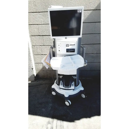 White and gray abbott whitestar signature phacoemulsification system with touchscreen on wheeled medical cart