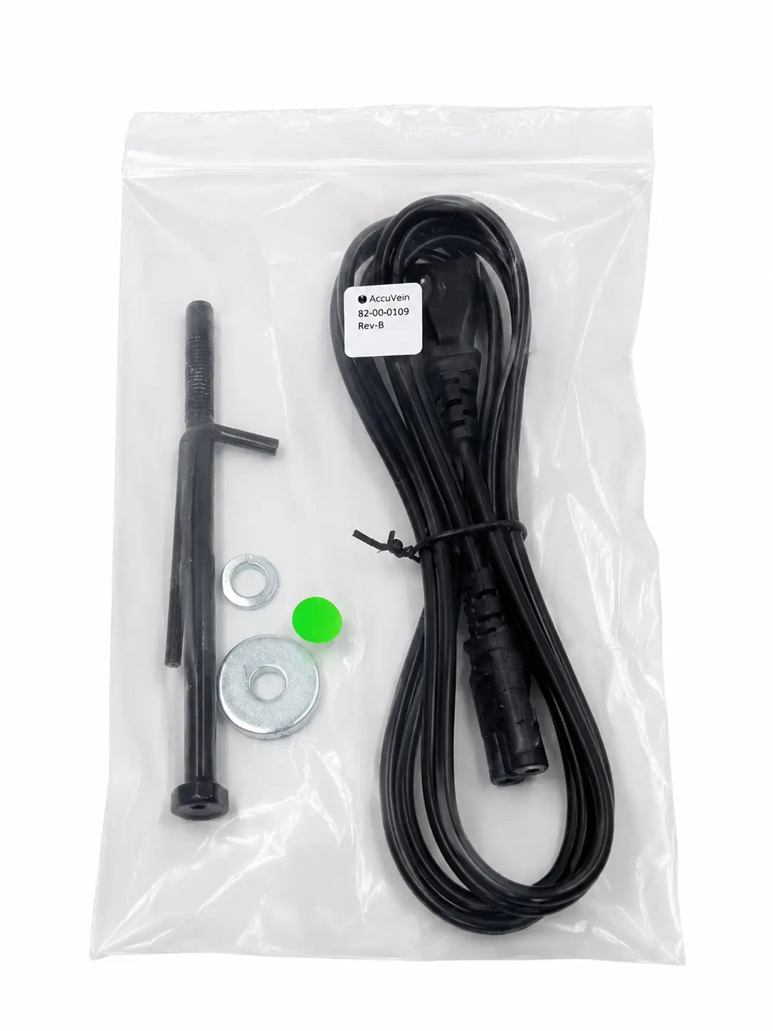 Black power cord with label accuven 82-00-0109 rev-b and tools for accuvein hf580 vein finder with powered rolling stand