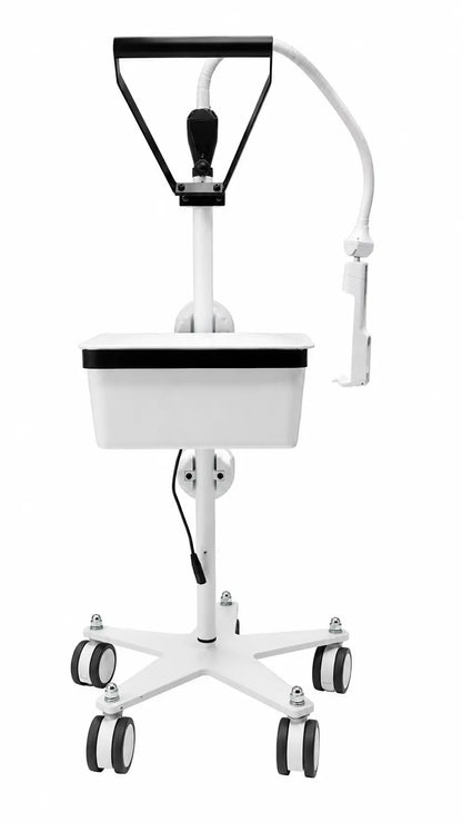 White AccuVein HF580 vein finder medical cart with black accents, rectangular tray, adjustable arm, and powered rolling stand