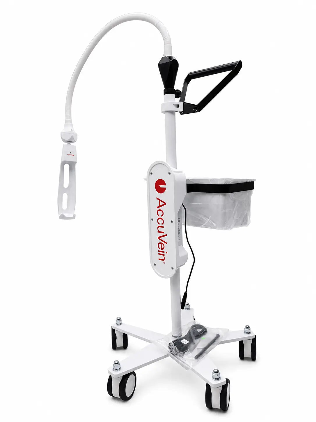 White accuvein hf580 vein finder medical cart with powered rolling stand, flexible gooseneck light, and four caster wheels