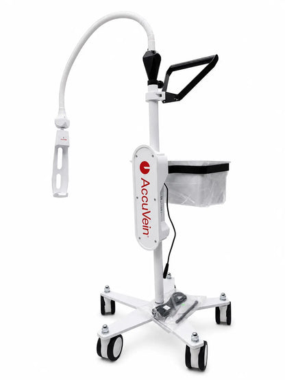 White accuvein hf580 vein finder medical cart with powered rolling stand, flexible gooseneck light, and four caster wheels