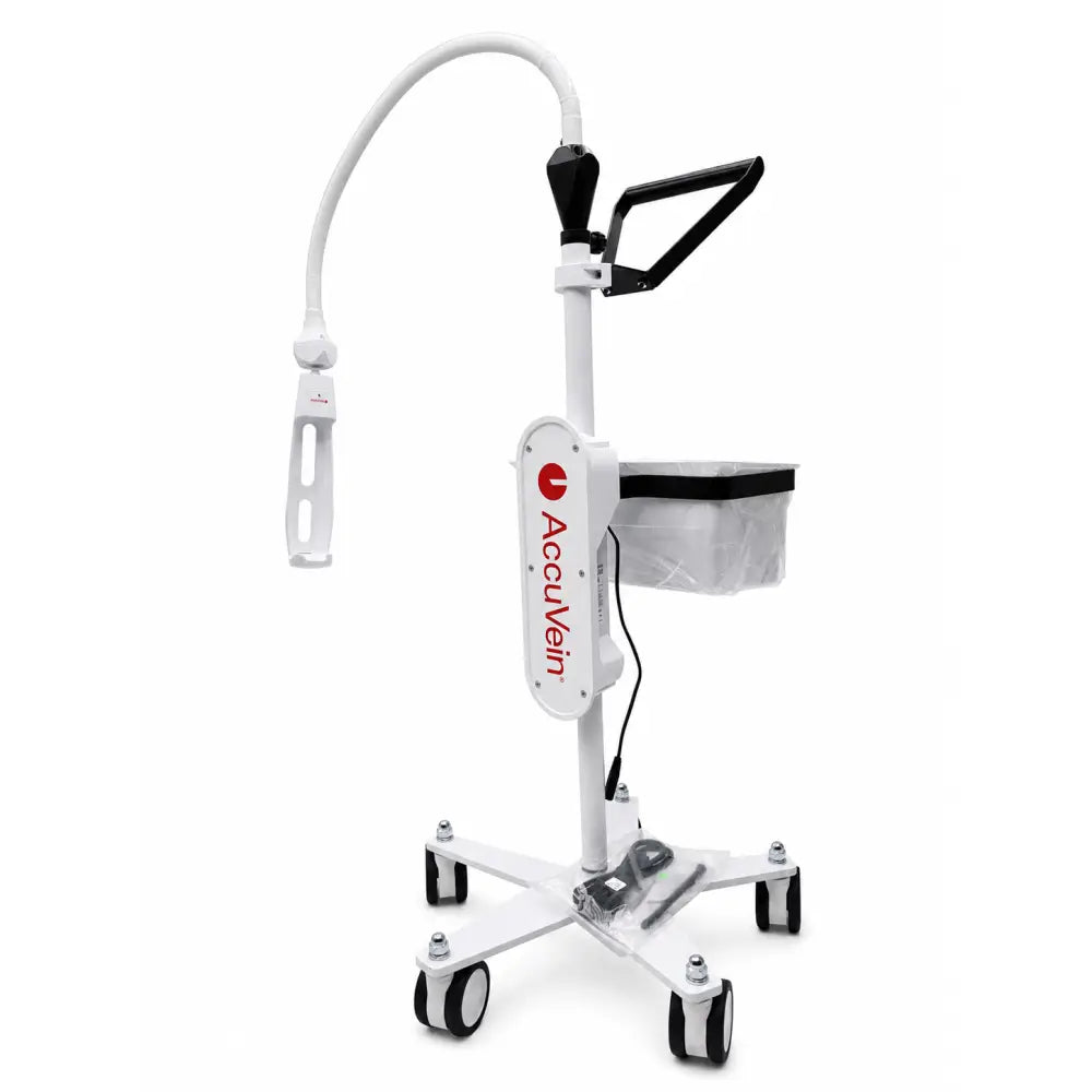 White accuvein hf580 vein finder medical cart with powered rolling stand, flexible gooseneck light, and four caster wheels