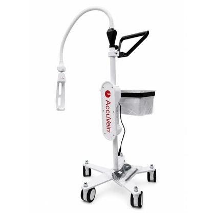 White accuvein hf580 vein finder medical cart with powered rolling stand, flexible gooseneck light, and four caster wheels