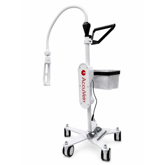 White accuvein hf580 vein finder medical cart with powered rolling stand, flexible gooseneck light, and four caster wheels