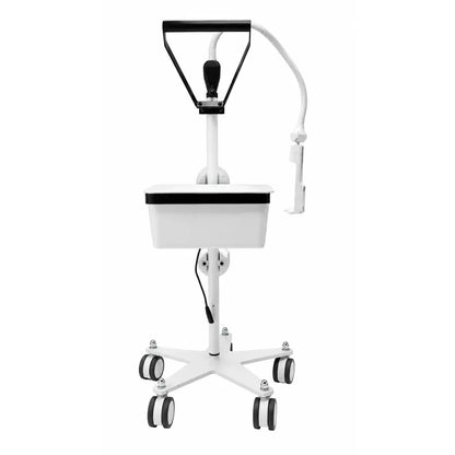 White AccuVein HF580 vein finder medical cart with black accents, rectangular tray, adjustable arm, and powered rolling stand