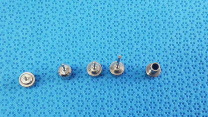 Five metallic rivets with varying designs for ace 765-1001 sterilization tray in dental implant surgical kit medical equipment