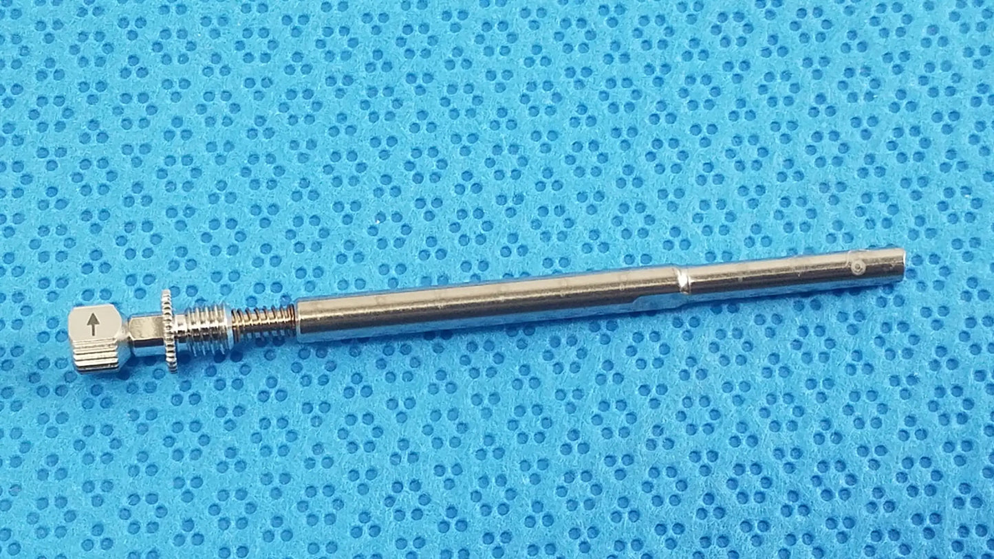 Silver-colored metal watch stem with knurled knob and threaded section for straumann dental implant sterilization tray medical equipment