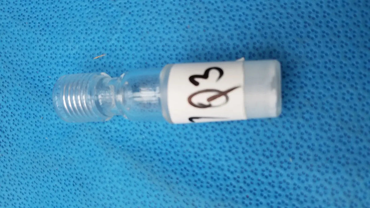 Clear glass ace glass thermometer adapter vial with threaded cap and white label marked 103 for ace-thred use