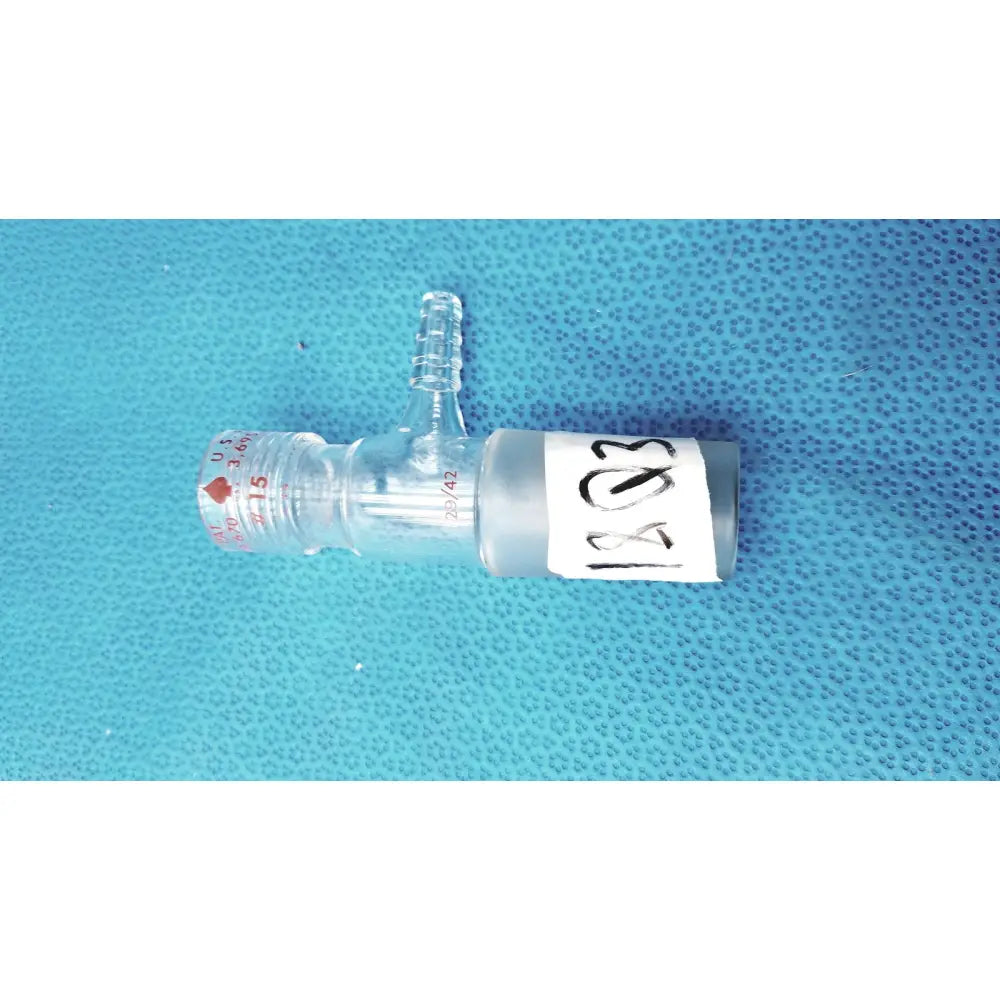 Clear glass ace glass chem-thread inlet adapter with white sticker and red markings for laboratory glassware 24/40 joint