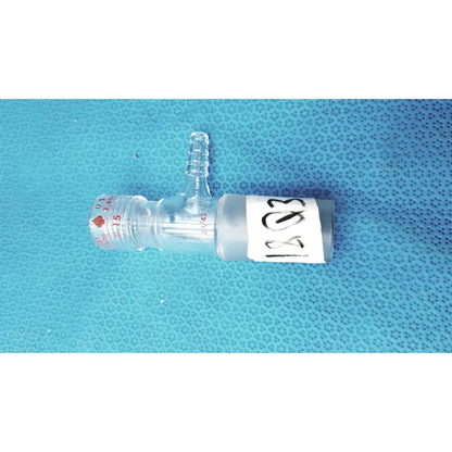 Clear glass ace glass chem-thread inlet adapter with white sticker and red markings for laboratory glassware 24/40 joint