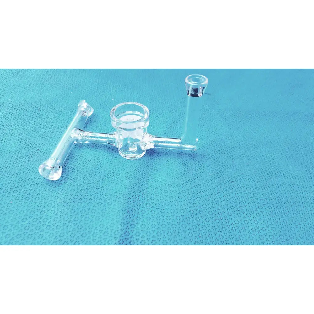 Clear glass ace glass straight bore stopcock with central chamber and two side arms made of borosilicate glass