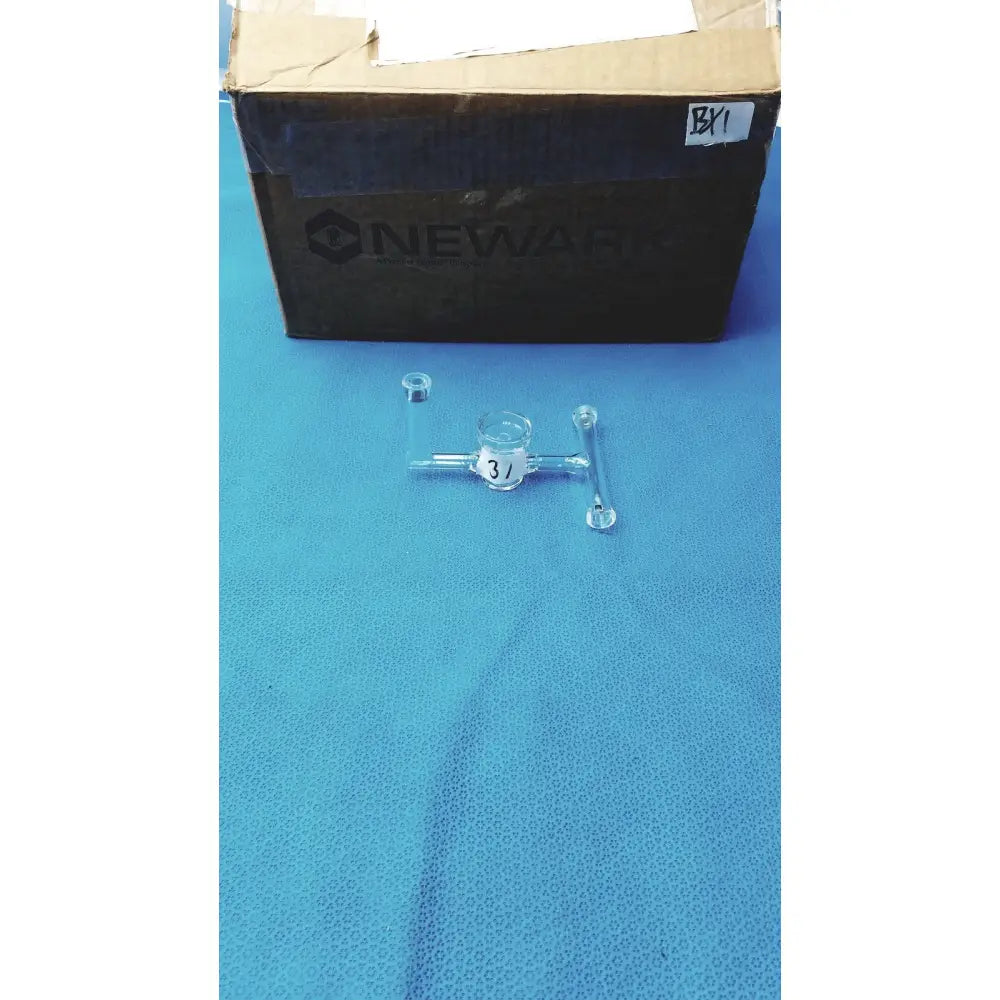 Clear glass ace glass straight bore stopcock with central bulb and two side tubes marked with 3 for precise lab use