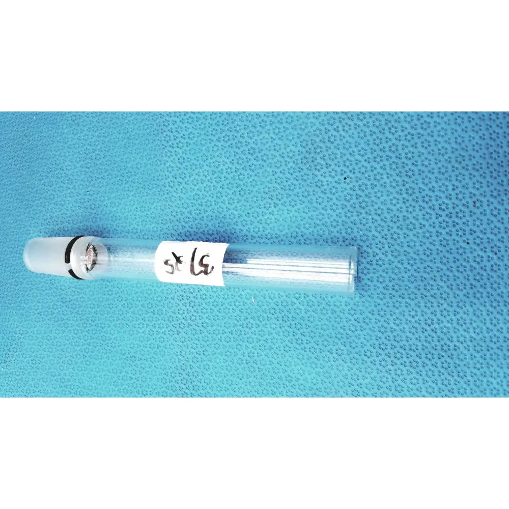 Clear glass thermometer adapter by ace glass with white cap black band and thin metallic rods for ace glass thermometer use