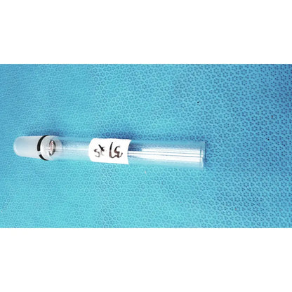 Clear glass thermometer adapter by ace glass with white cap black band and thin metallic rods for ace glass thermometer use