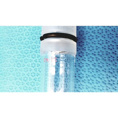 Clear glass ace glass thermometer adapter graduated cylinder with white plastic lid and black rubber band inner 24/40 joint