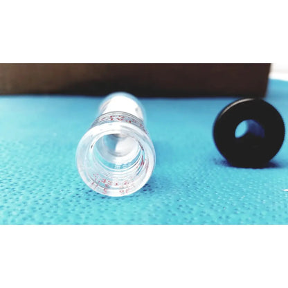 Clear glass ace-thred straight connecting inlet adapter midi size with red measurement markings and black cap beside it