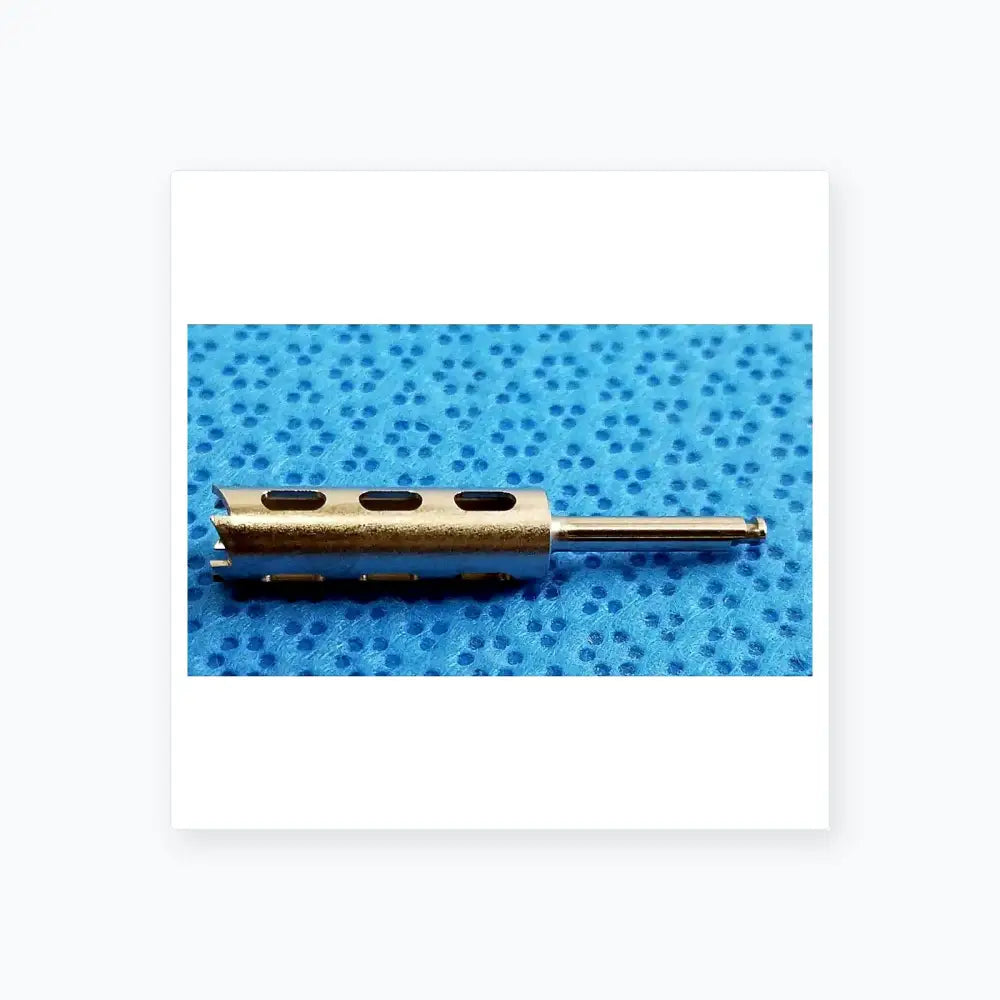 Silver metal drill bit with three elongated slots and straight shank for reuse medical equipment by smiths medical