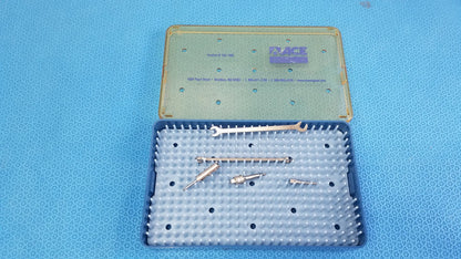 Blue plastic surgical instrument case with translucent green lid containing metallic tools for reuse medical equipment