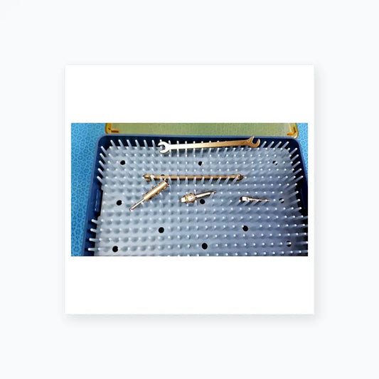 Blue plastic tray holding ace ophthalmology micro surgery surgical instruments for reuse medical equipment by smiths medical