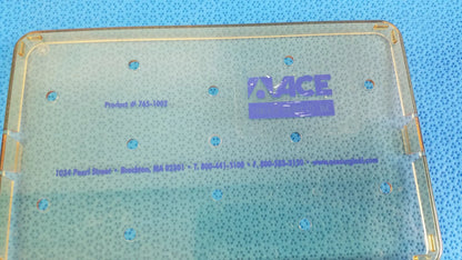 Clear plastic surgical tray with gold edges and purple ace logo for reuse medical equipment in ophthalmology surgery