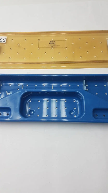 Acmi mra-gt slimline blue and yellow plastic storage tray with perforated surfaces and molded compartments for sterilization