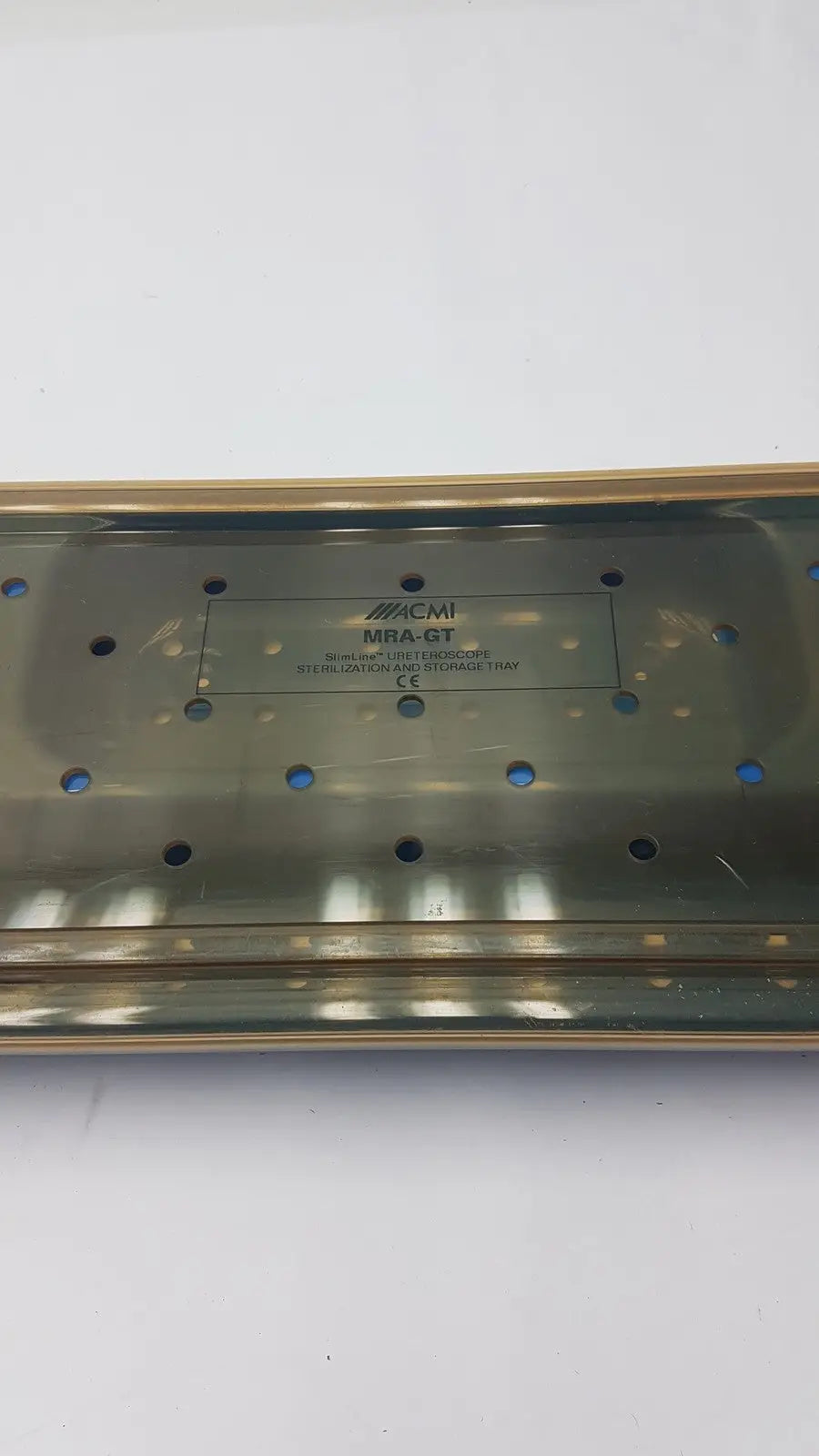 Acmi mra-gt slimline stainless steel storage tray with polished finish and circular holes for slimline sterilization