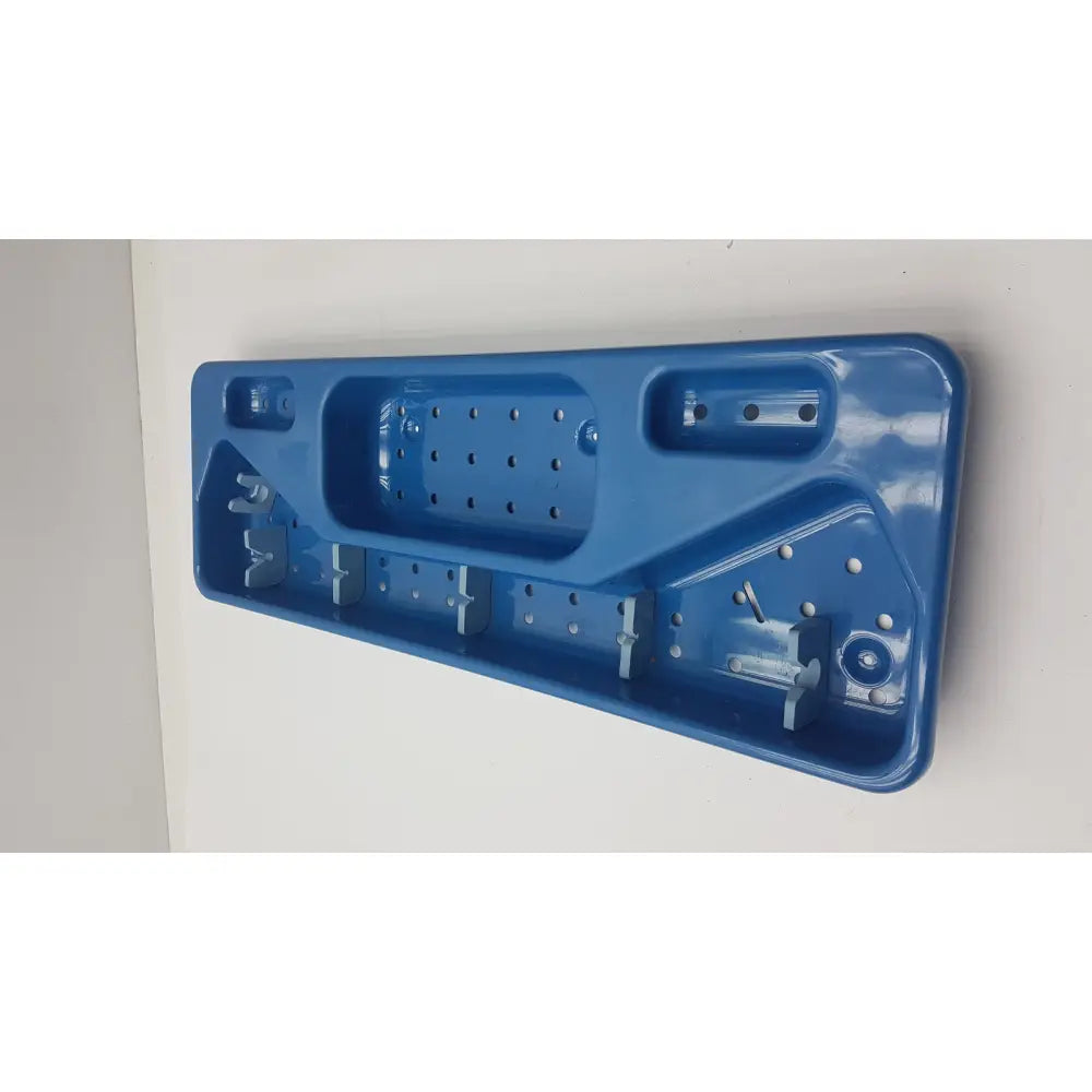 Blue plastic wall-mounted tool organizer with compartments and hooks for acmi mra-gt slimline sterilization tray use