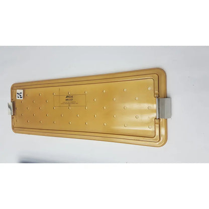 Yellow plastic lid with metallic latch and circular indentations for ACMI MRA-GT slimline sterilization tray