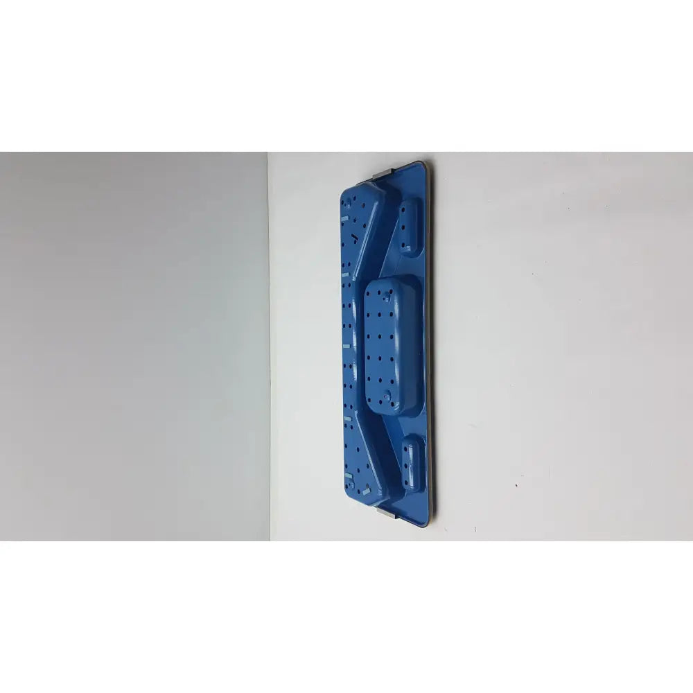 Blue plastic wall-mounted storage rack with compartments and perforated sections for acmi mra-gt slimline sterilization tray