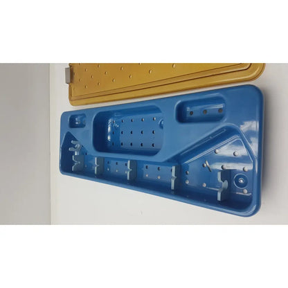 Acmi mra-gt slimline sterilization tray in blue plastic with matching yellow lid for efficient slimline sterilization