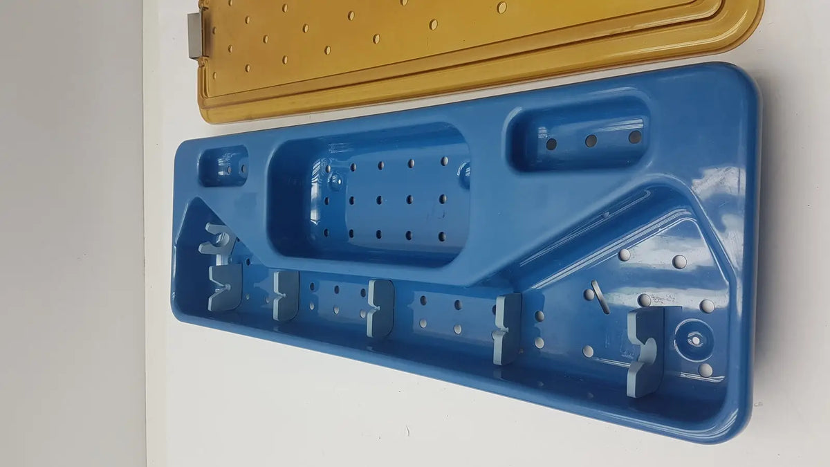 Acmi mra-gt slimline sterilization tray in blue plastic with matching yellow lid for efficient slimline sterilization