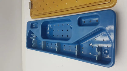 Acmi mra-gt slimline sterilization tray in blue plastic with matching yellow lid for efficient slimline sterilization