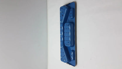 Blue plastic wall-mounted storage rack with compartments and perforated sections for acmi mra-gt slimline sterilization tray