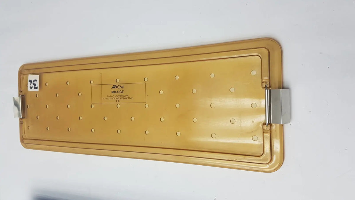 Yellow plastic lid with metallic latch and circular indentations for ACMI MRA-GT slimline sterilization tray