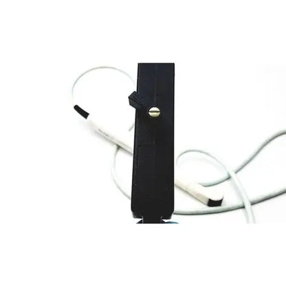 Black plastic earbud holder with silver screw and white earbuds coiled for acoustic imaging aia04021 50 mhz device