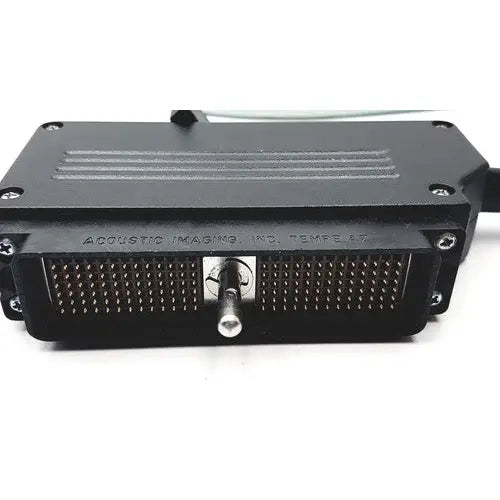 Black rectangular connector with metallic pins and central silver knob on acoustic imaging aia04021 50 mhz reuse medical device
