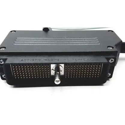 Black rectangular connector with metallic pins and central silver knob on acoustic imaging aia04021 50 mhz reuse medical device