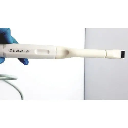 White plastic dental handpiece with black tip and 5.0 mhz 6v print for acoustic imaging aia04021 50 mhz device