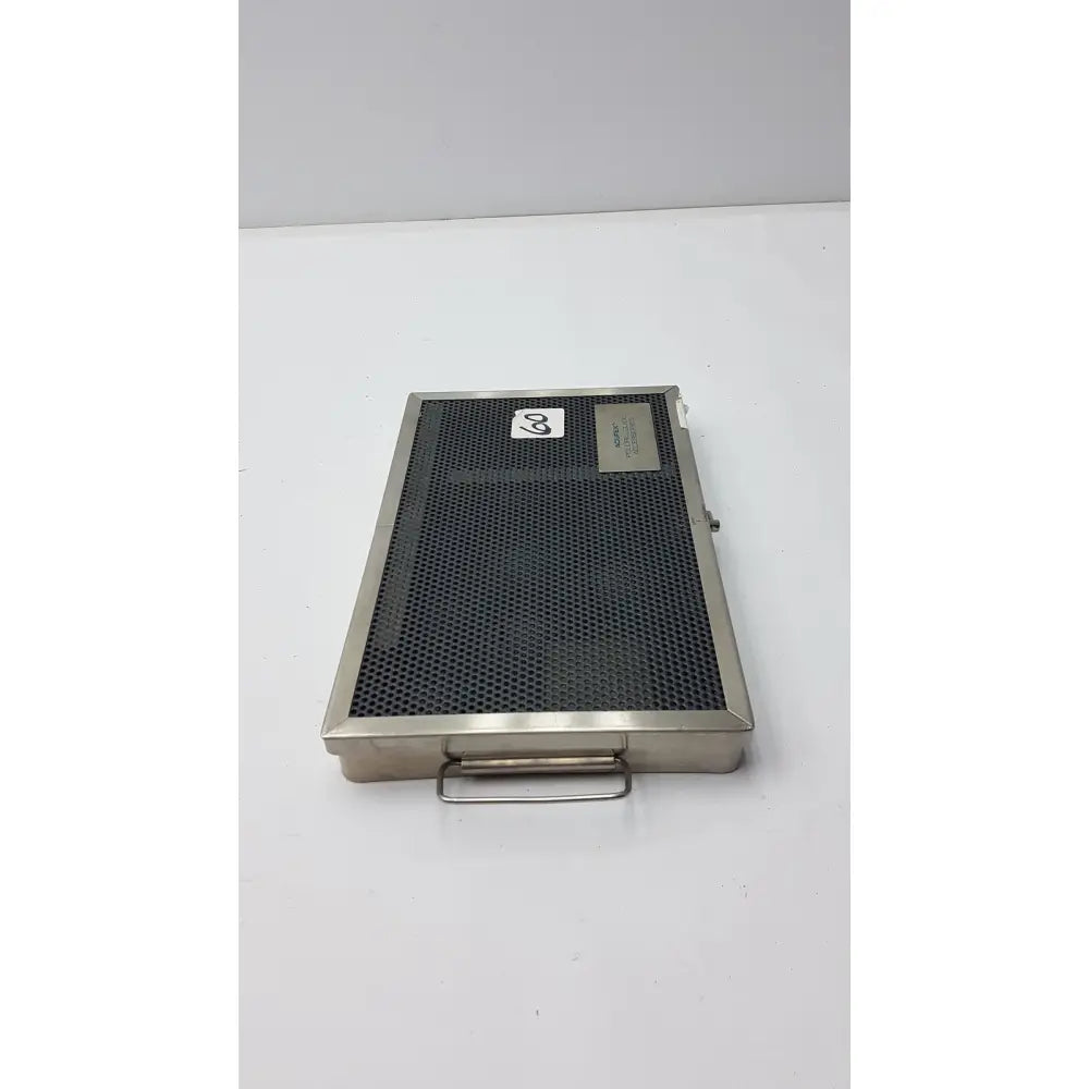 Stainless steel surgical instrument tray with perforated black mesh and handle for acufex pcl drill guide accessories