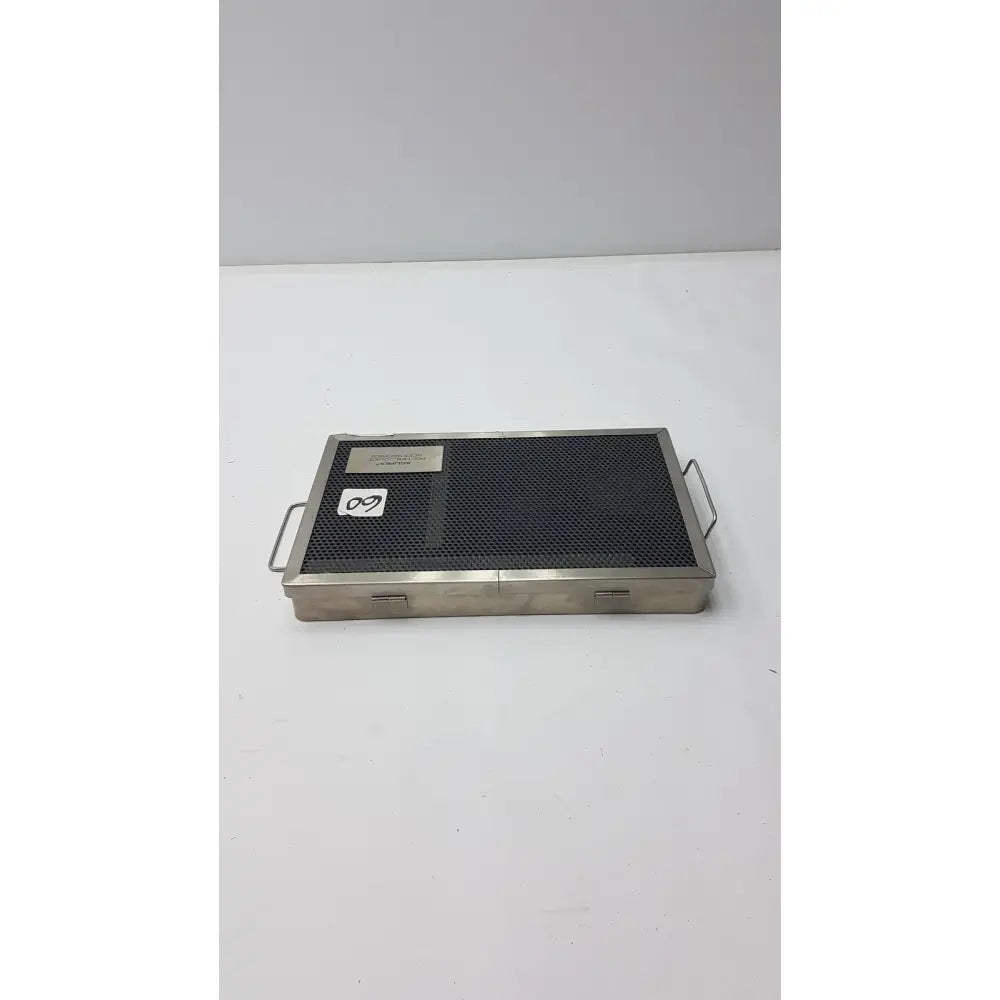 Rectangular stainless steel acufex pcl drill guide tray with black mesh surface and two metal side handles for drill guide accessories